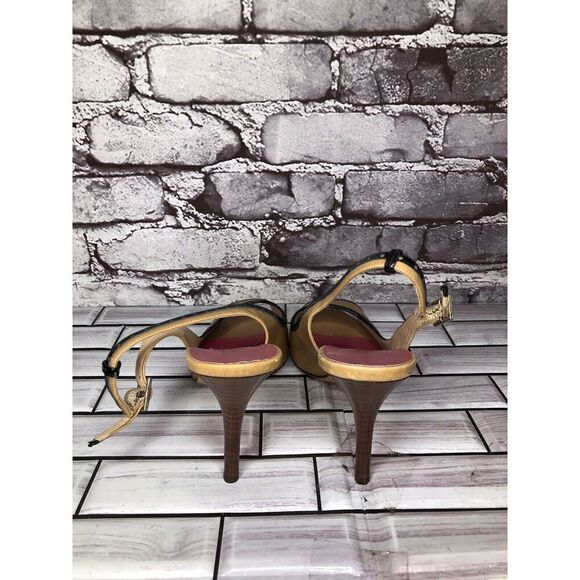 Kate Spade Camel Brown Black Patent Leather  Peep Toe Stiletto Heels Women Sz 8B - Picture 4 of 16